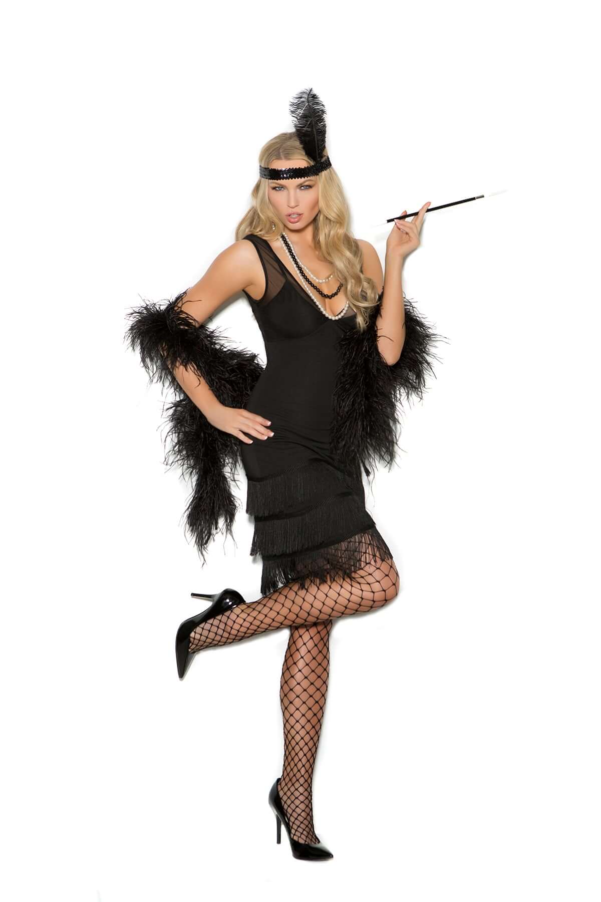 1920s black flapper costume featuring a fringe dress, feather headpiece, and fishnet stockings.