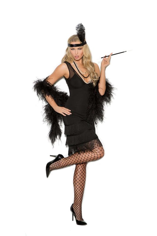 1920s black flapper costume featuring a fringe dress, feather headpiece, and fishnet stockings.