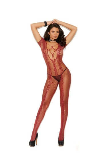 A brunette wearing a short sleeve mesh bodystocking with a lace up front and back in a beautiful burgundy color.