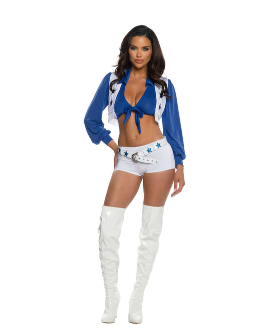 Sexy Dallas Touchdown Tease Cheerleader Costume - 4 piece cheerleader set with vest and belt.