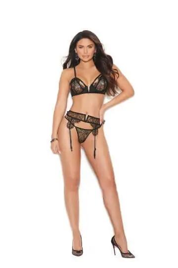 Black satin & eyelash lace bra, garter belt & panty set front view on model, white background