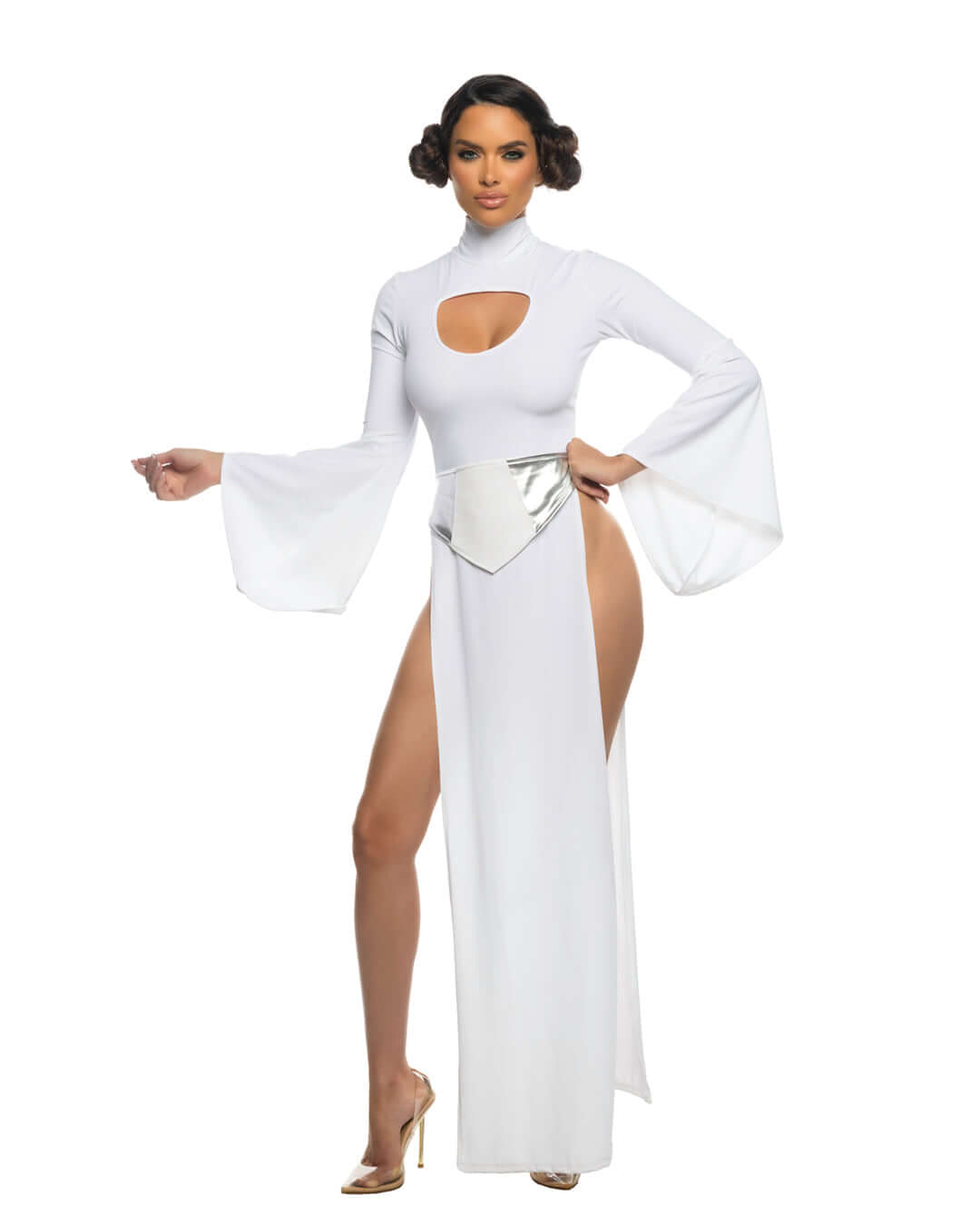 Woman wearing Far Off Galaxy Heroine Costume with bell sleeves and metallic belt front view.