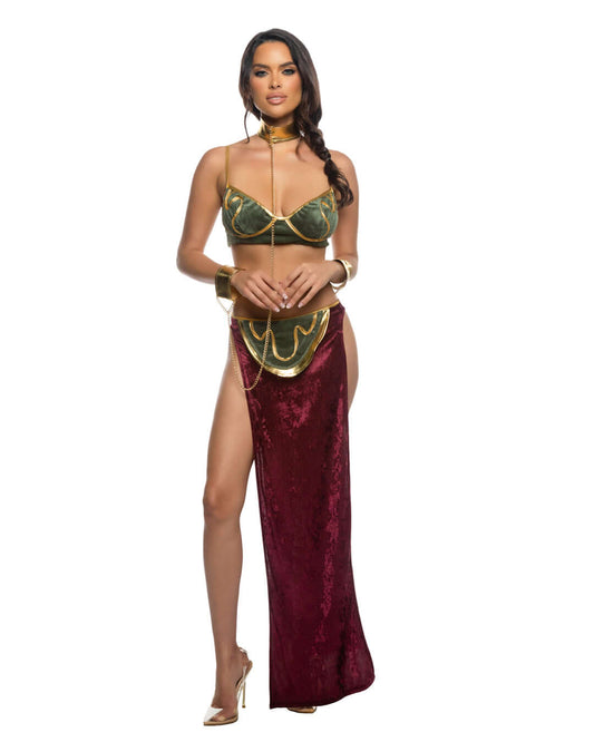 Front view of Far Off Galaxy Princess costume with metallic bra top and burgundy skirt.