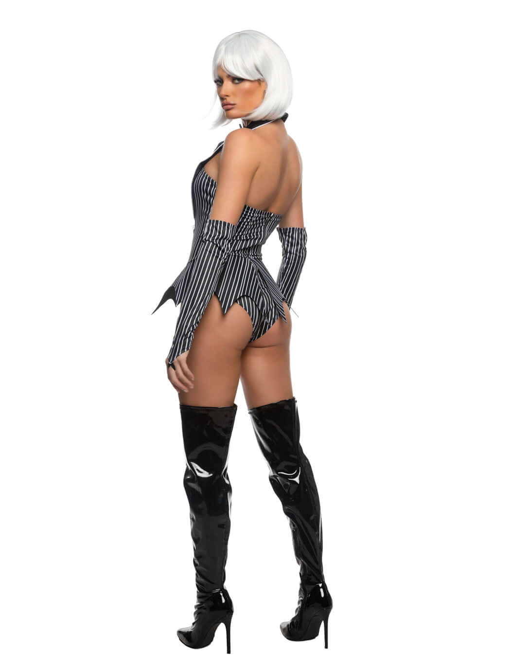 Back view of the Halloweee Gothic Town Babe Costume showing striped romper fit and peplum detail.