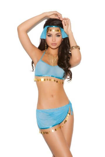 A turquoise colored harem costume featuring a sheer mesh top with gold coin embellishments and back ties. The skirt also has sheer front and back panels with ties, and the costume includes a matching headpiece and a G-string thong.