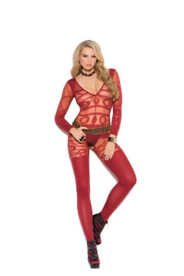 Sheer and opaque burgundy bodystocking with a deep V-neckline, geometric pattern design, and open crotch. Lace and mesh detailing adds allure. One size fits most.