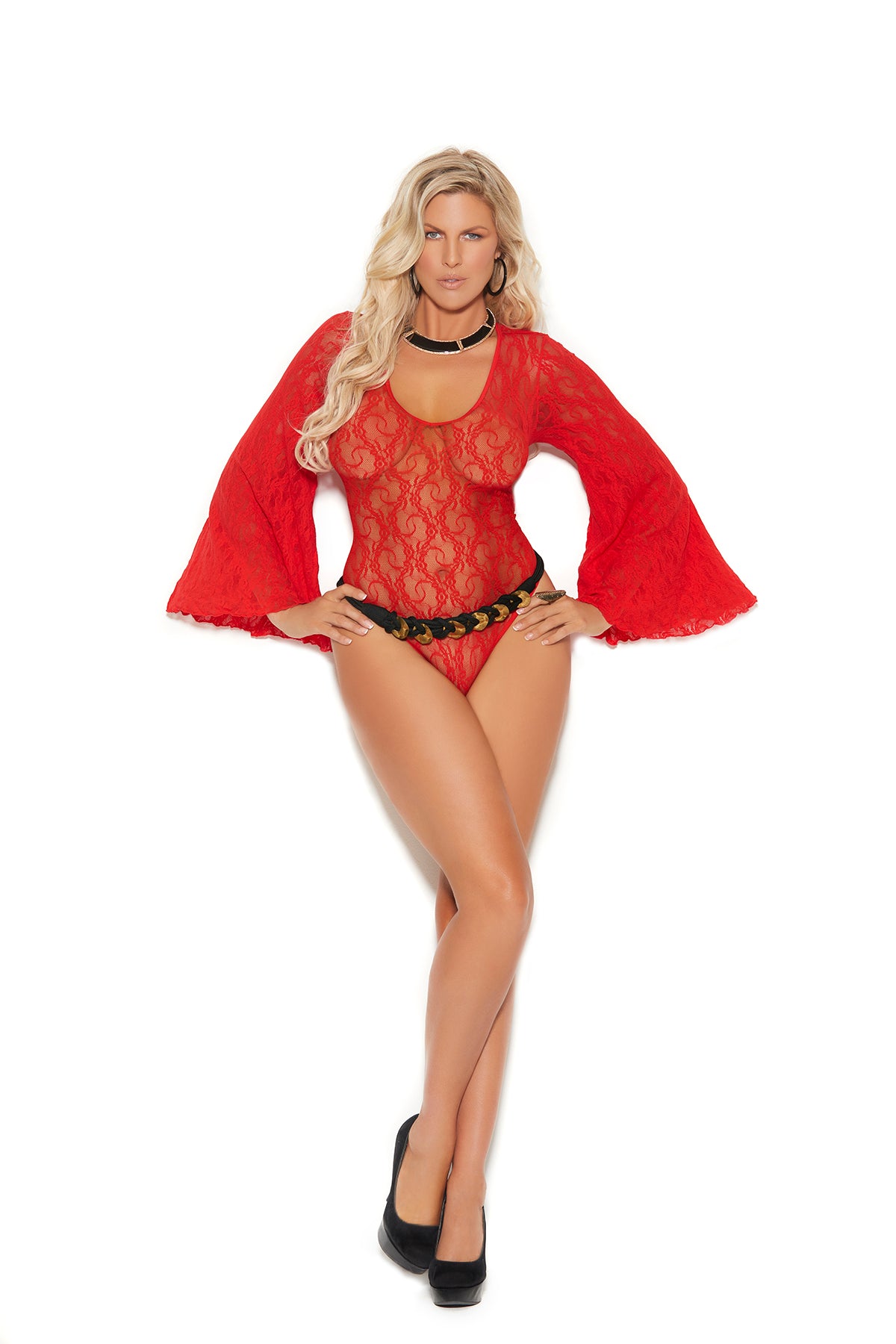 Red Lace Bell Sleeve Teddy with Deep V and Keyhole Back