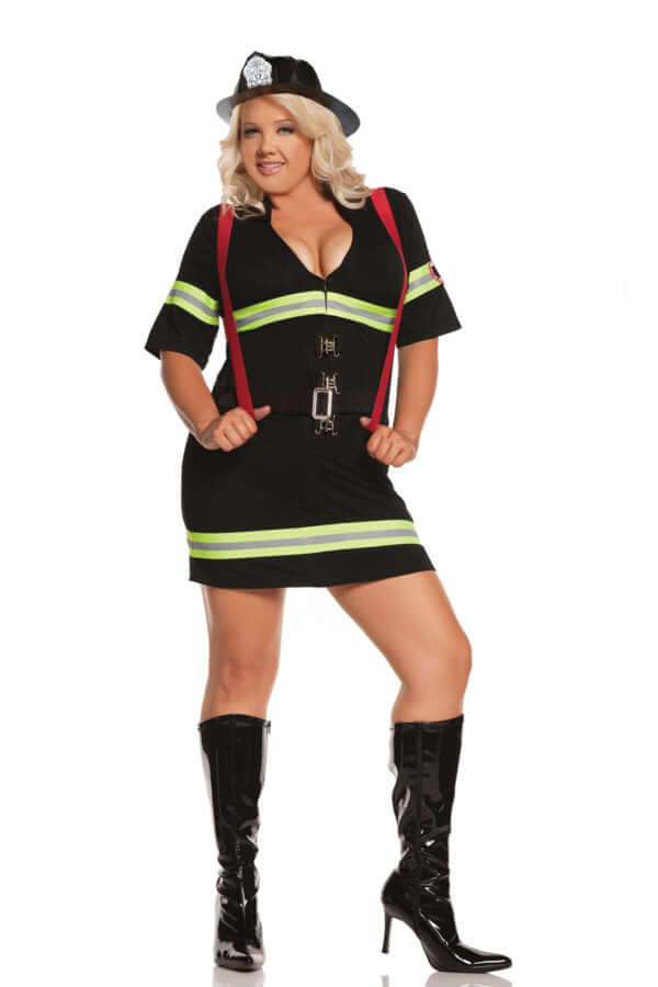 Plus size sexy firefighter costume front view with black dress and suspenders — My Sinful Closet