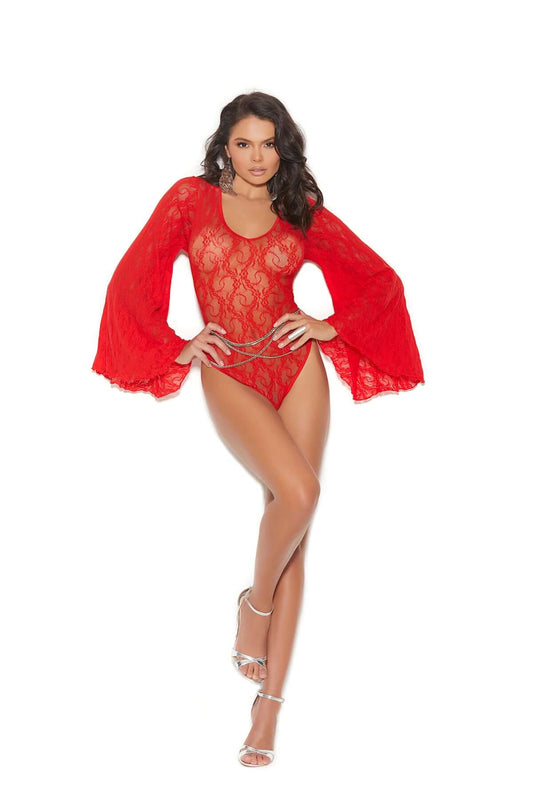 Model wearing red lace bell sleeve teddy front view on white background