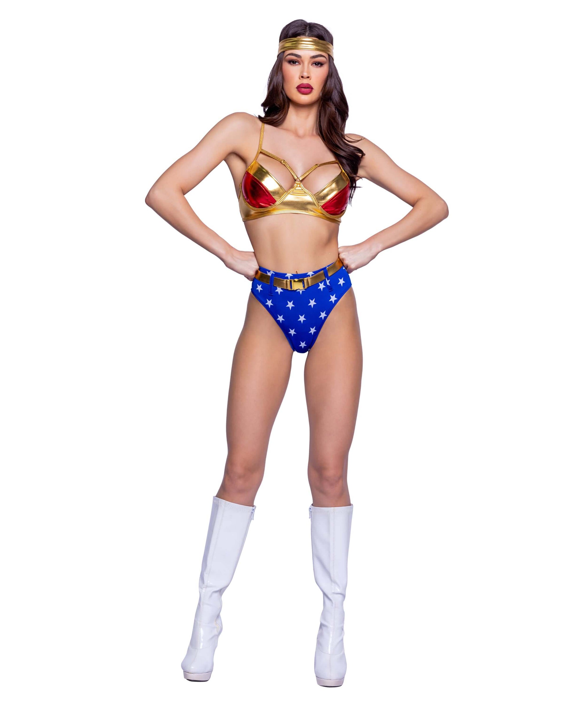 Woman wearing Wonder Power superhero costume, front view with gold bra and blue star shorts
