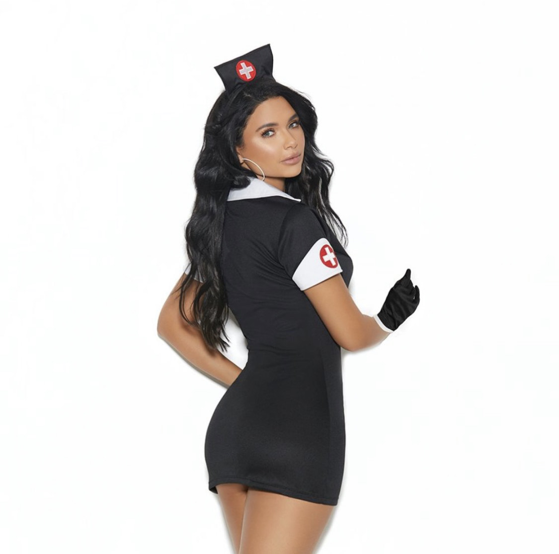 A back view of a brunette wearing a sexy nurse cosplay mini dress with hat and gloves.