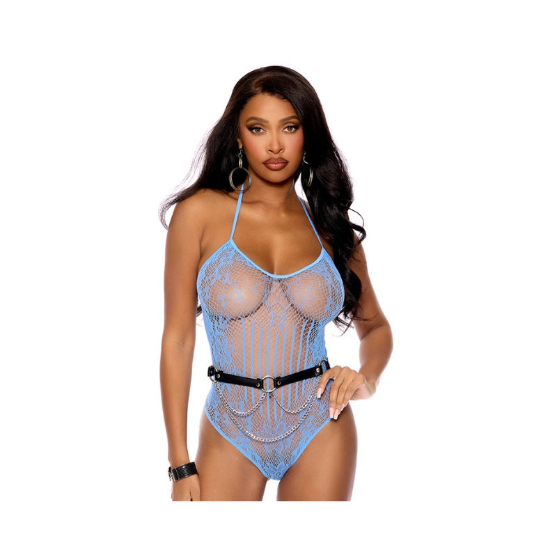 Close up front view of a woman wearing a light blue floral crochet teddy with a halter neck