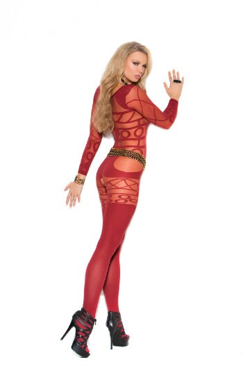 long sleeve open crotch bodystocking burgundy side and back 