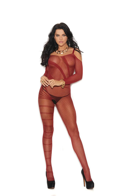 Front view of cold shoulder long sleeve bodystocking in burgundy crochet.