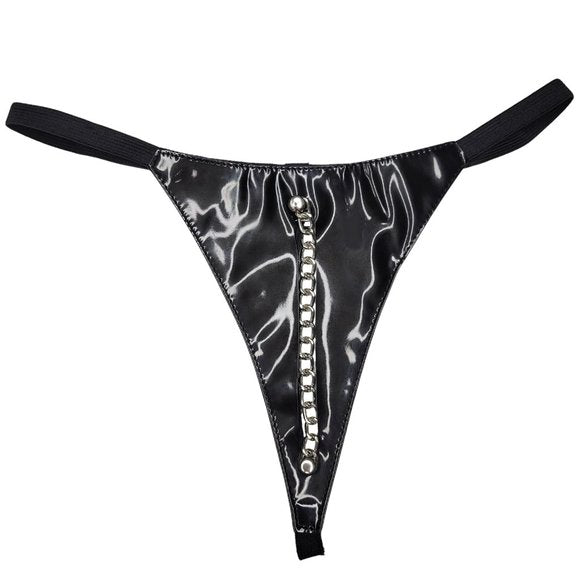 Elegant black vinyl G-string with a daring crotchless design, perfect for a touch of allure.