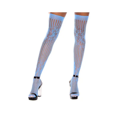 Close up front view of light blue fishnet thigh-high stockings worn with high-heeled shoes on a white background
