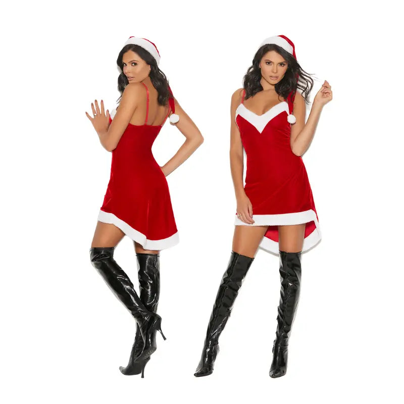 Two models wearing a red and white velvet hi lo mini dress and a "Santa" hat on a white background showing front and back view