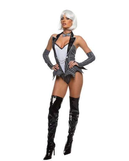 Front view of the Halloweee Gothic Town Babe Costume featuring a striped peplum romper, fingerless gloves, and bowtie on white background.