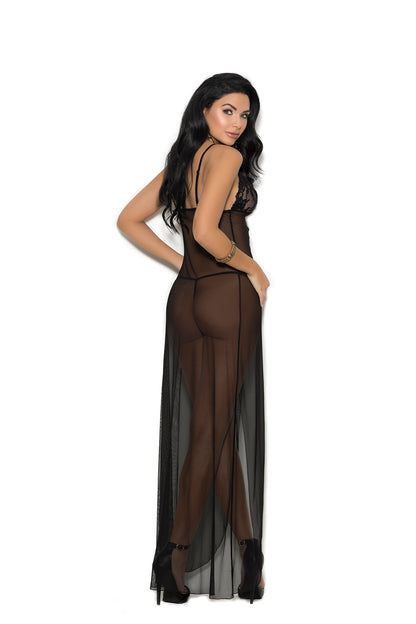 Long mesh and lace ankle length gown in black, from My Sinful Closet, (back view).