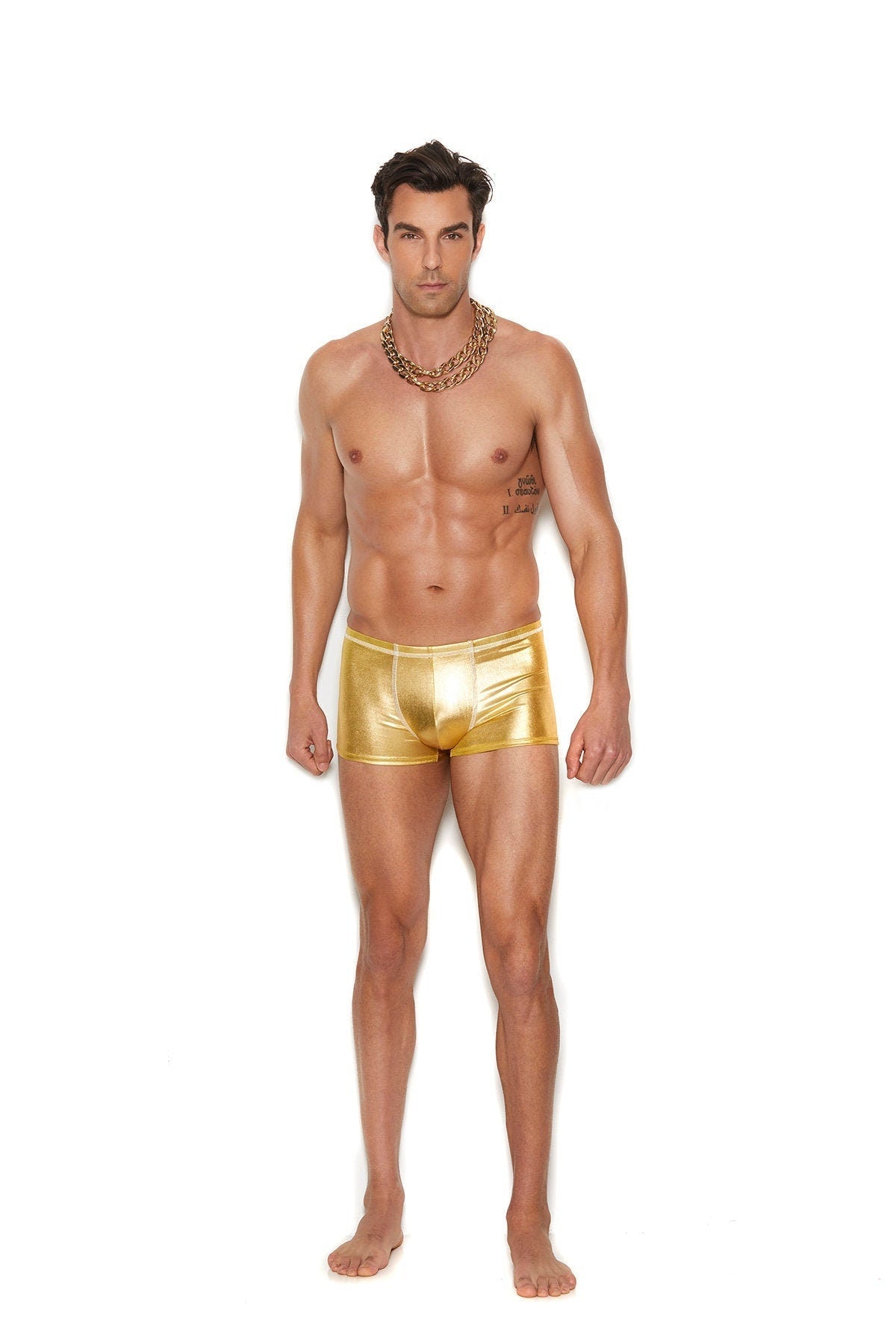 Men's gold boxer briefs made from luxurious gold lame fabric with a comfortable front pouch for enhanced support. 