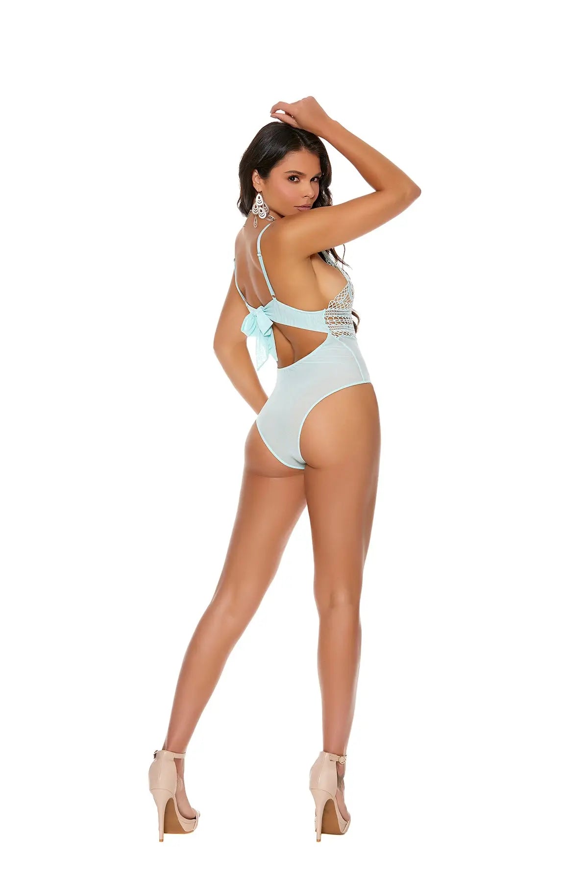Back view of mint green crochet and mesh teddy with mesh tie-back closure.