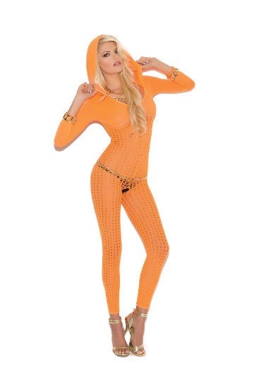Neon orange net bodystocking with unique pot-hole cut outs, 3/4 sleeves, attached hood, and open crotch design. One size fits most. 
