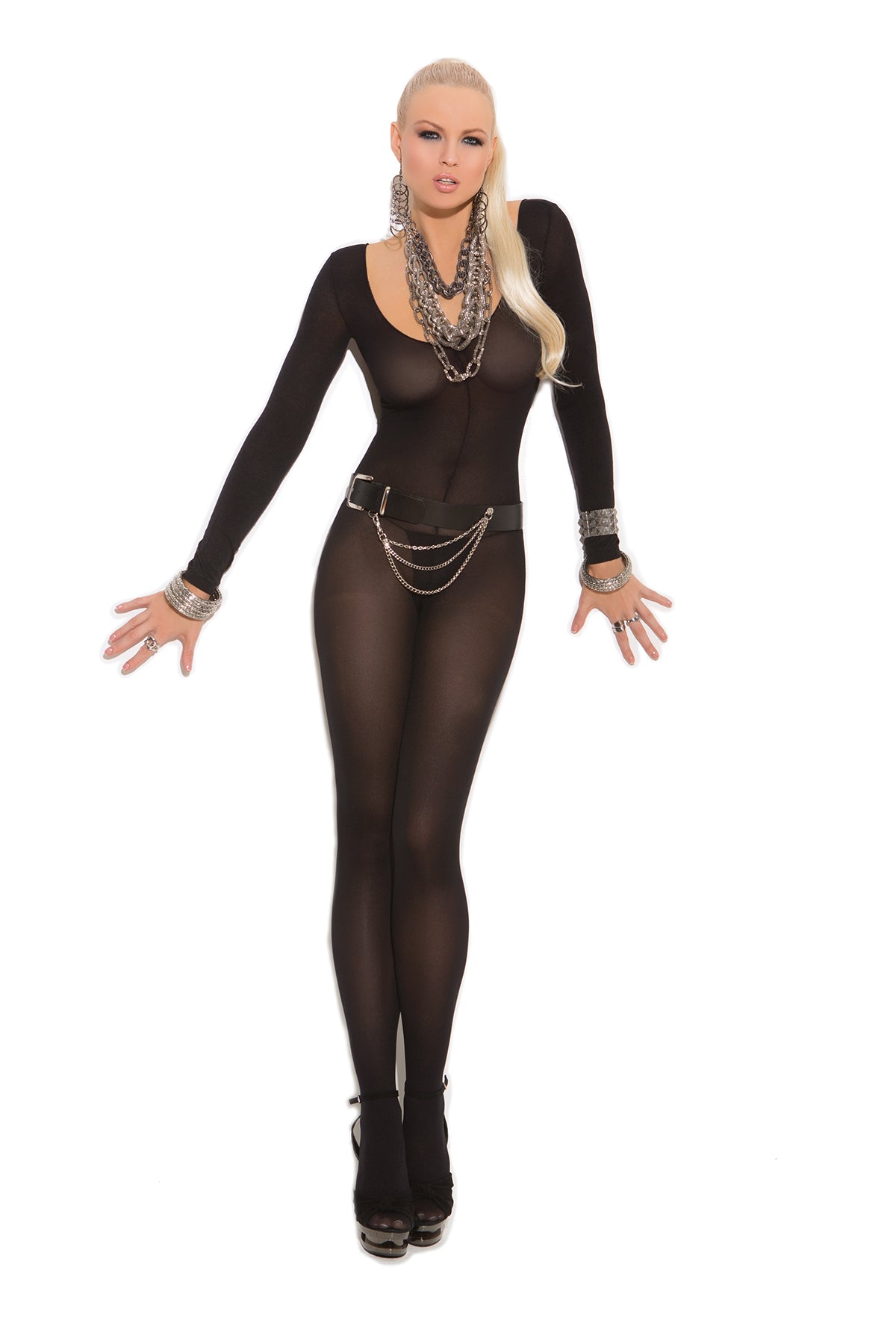 Form-fitting, black opaque long sleeve bodystocking made from comfortable mesh fabric. Features long sleeves and an open crotch. Model standing confidently. Also available in white and nude. 
