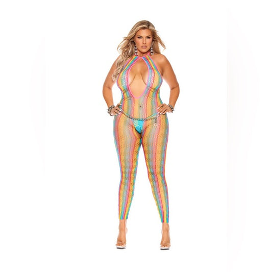 Plus Size Rainbow Bodystocking: Sexy & Daring! Open crotch, footless design. Rainbow net fabric. Shop sexy lingerie for curves.
