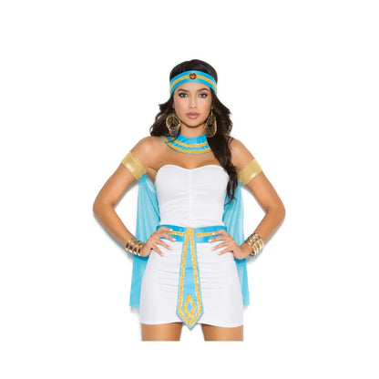 Close up front view of a model wearing the Queen of the Nile Womens Costume, a white sleeveless mini dress with a blue and gold belt and headband on a white background.