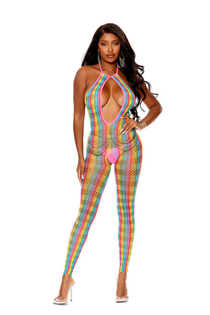 Front view of Rainbow Crotchless Bodystocking with halter neckline and daring open crotch design.