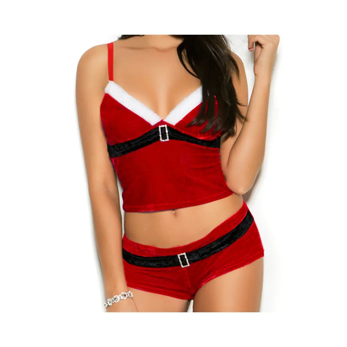 Red lingerie set with black belts on a white background