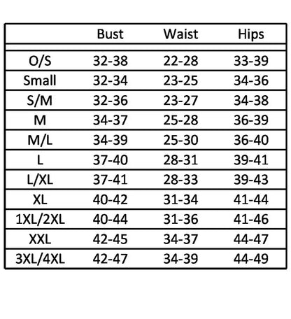 Size chart for My Sinful Closet, including bust, waist, and hip measurements for various sizes.