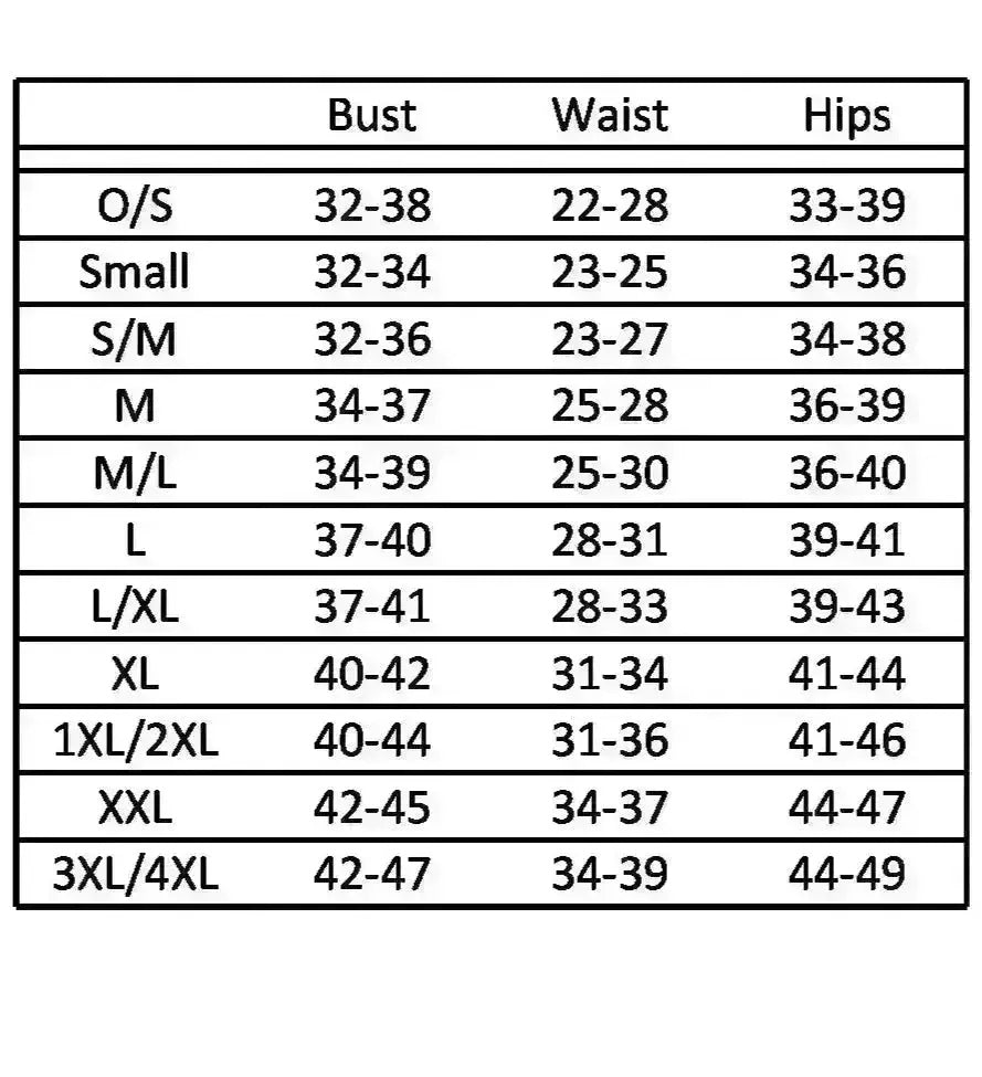 Size chart for clothing measurements including bust, waist, and hips.