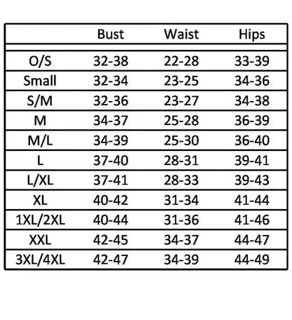 Size chart for clothing measurements including bust, waist, and hips.