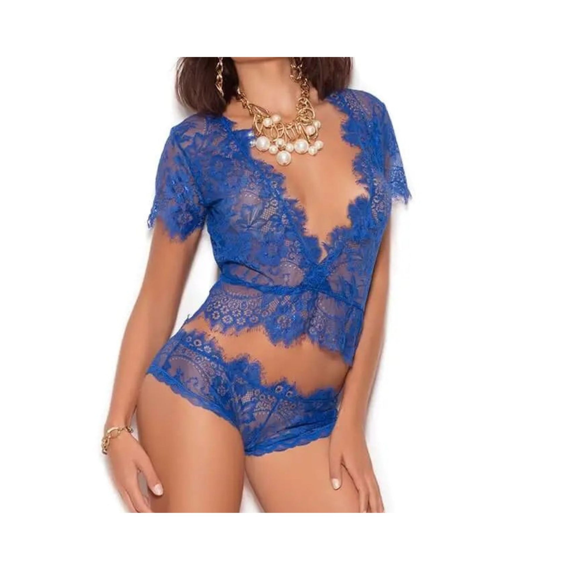Close-up front and back view of a royal blue eyelash lace cami and panty set showing detailed lace texture and trim.