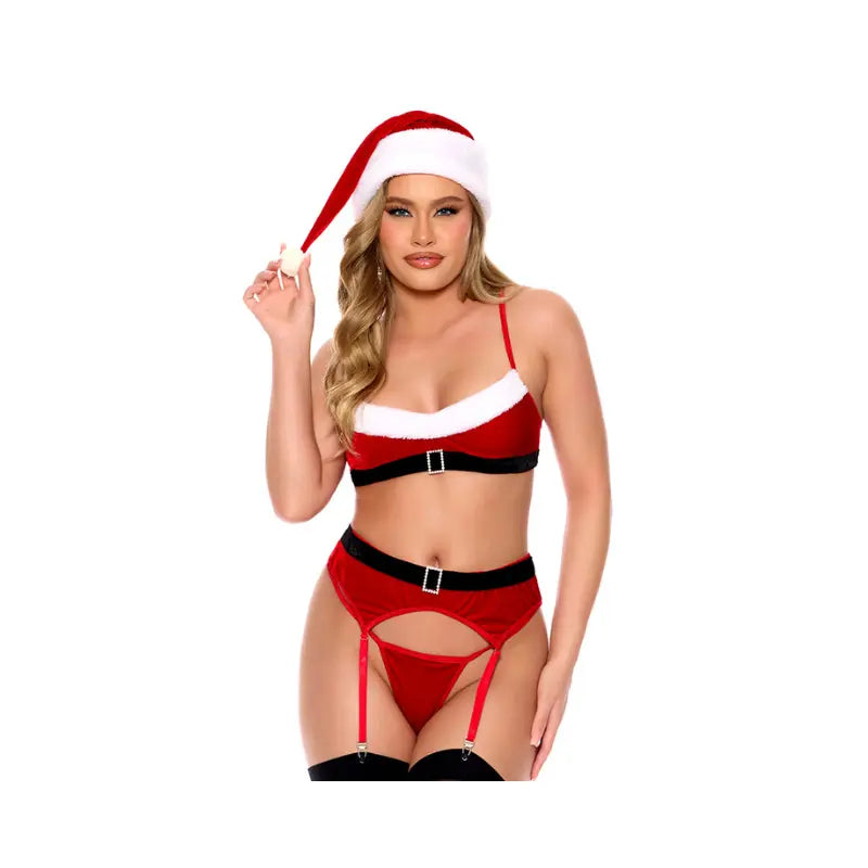 Close-up of velvet bra and garter belt on Santa's Little Helper costume