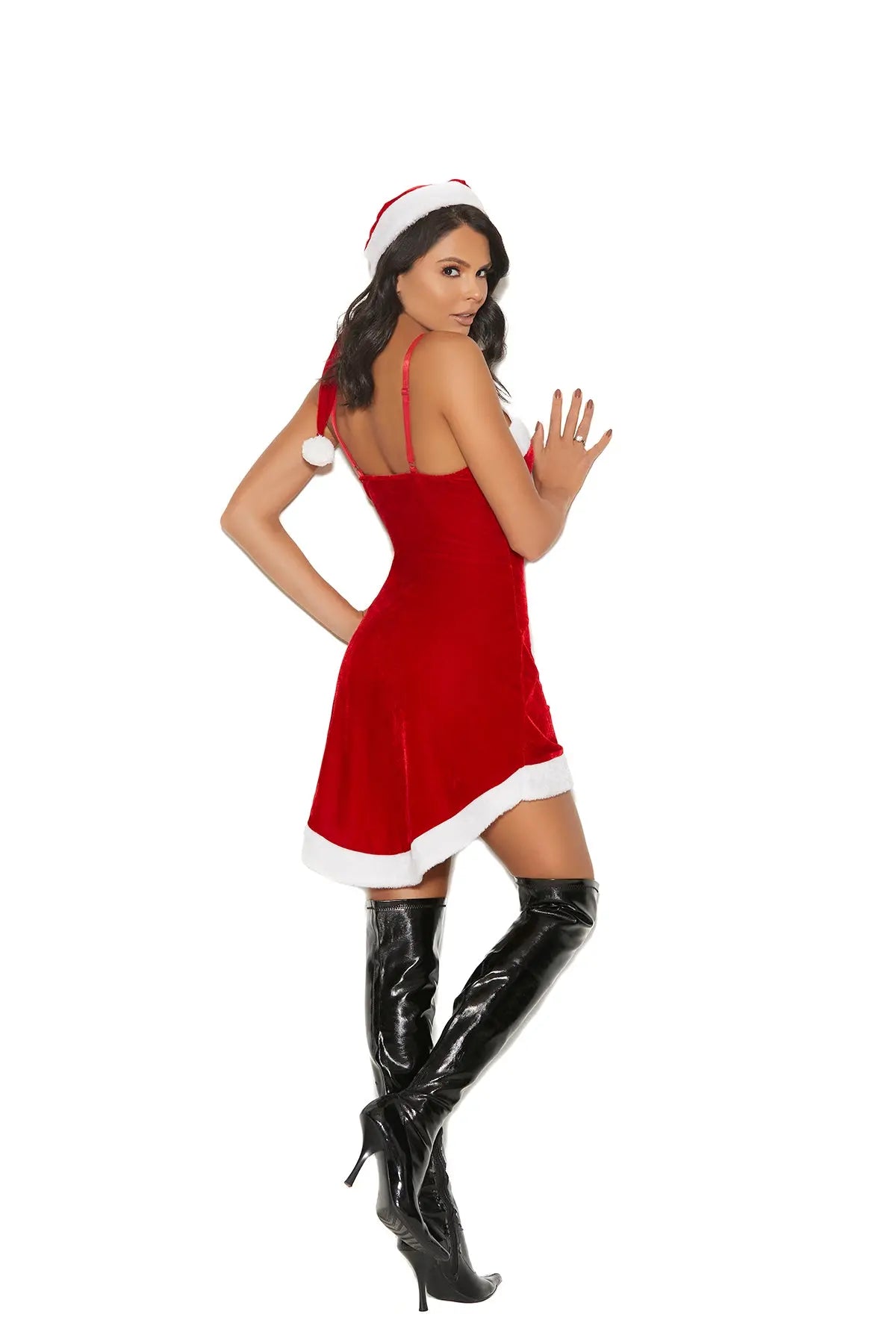 Back view of Santa’s Sweetie costume showing velvet dress with adjustable straps